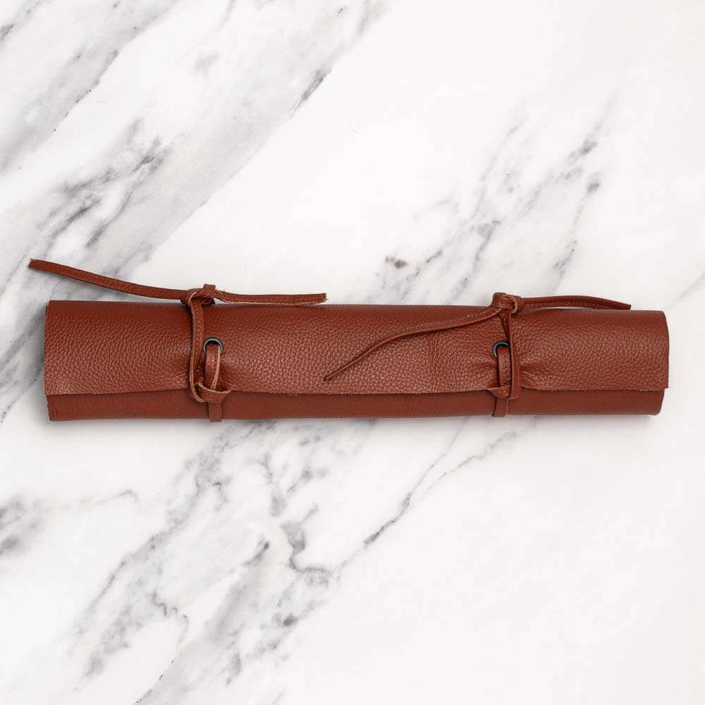Soft Brown Leather Knife Roll 5 Pocket