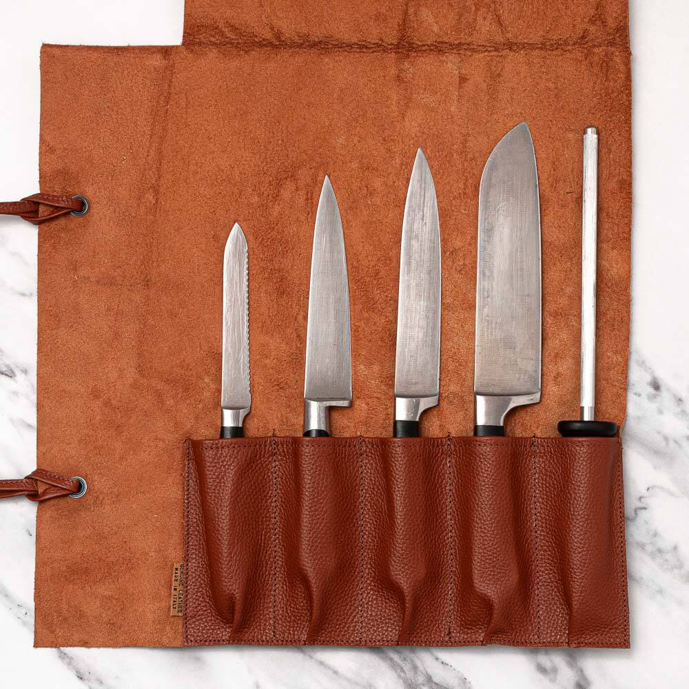Soft Brown Leather Knife Roll 5 Pocket