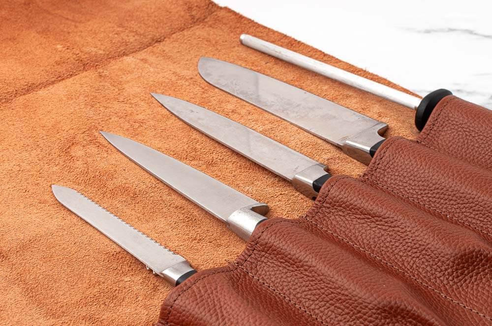 Soft Brown Leather Knife Roll 5 Pocket