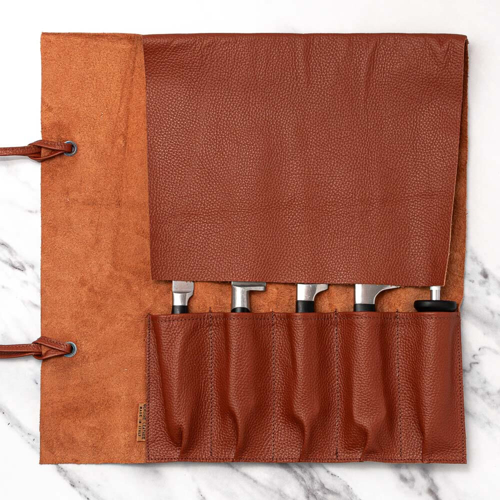 Soft Brown Leather Knife Roll 5 Pocket