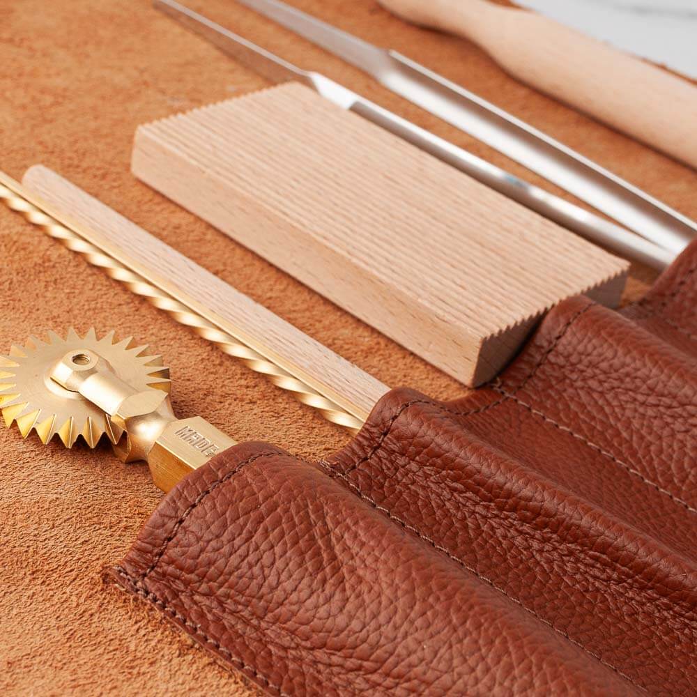 Soft Brown Leather Knife Roll 5 Pocket