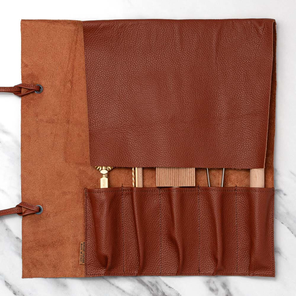Soft Brown Leather Knife Roll 5 Pocket
