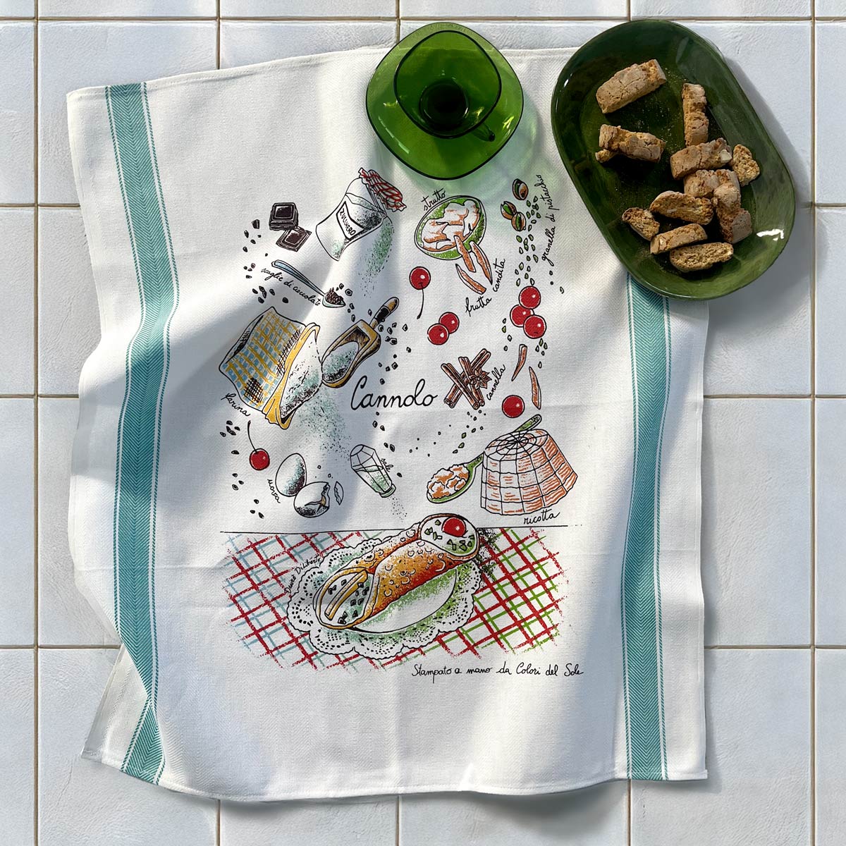 'Cannolo' Cotton Hand Screen-Printed Tea Towel 70 x 50cm