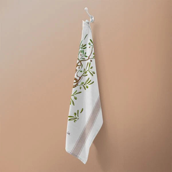 Olive 'Ulivo' Cotton Hand Screen-Printed Tea Towel 70 x 50cm