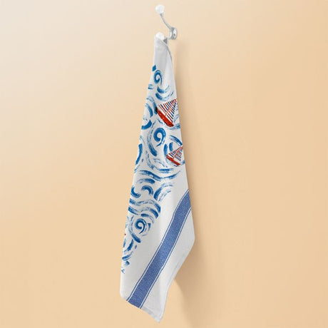 Mediterranean Sea Cotton Hand Screen-Printed Tea Towel 70 x 50cm