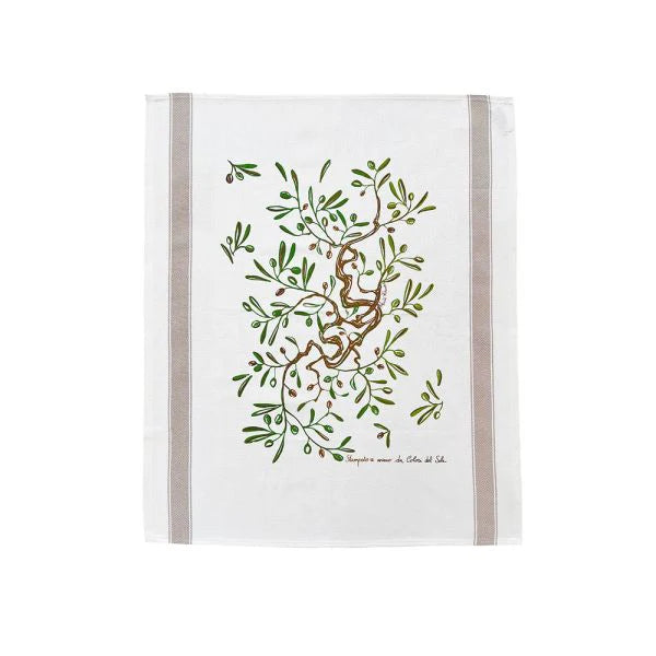 Olive 'Ulivo' Cotton Hand Screen-Printed Tea Towel 70 x 50cm