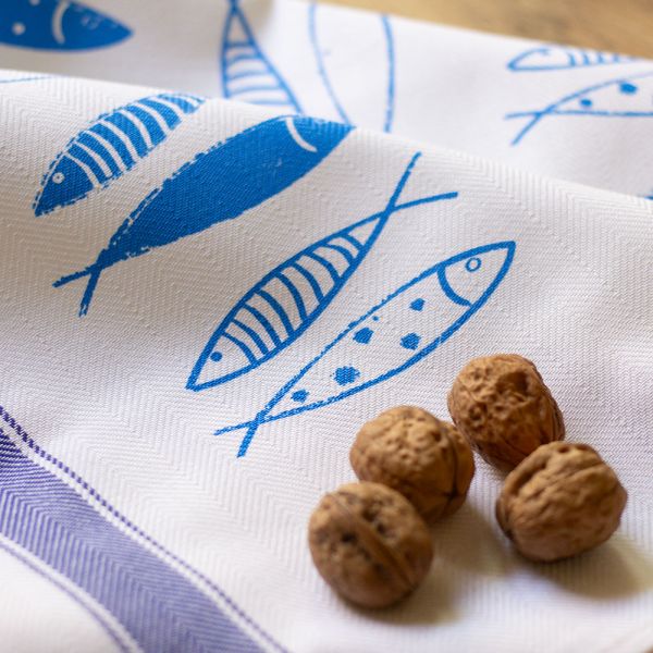 Blue Fish Cotton Hand Screen-Printed Tea Towel 70 x 50cm