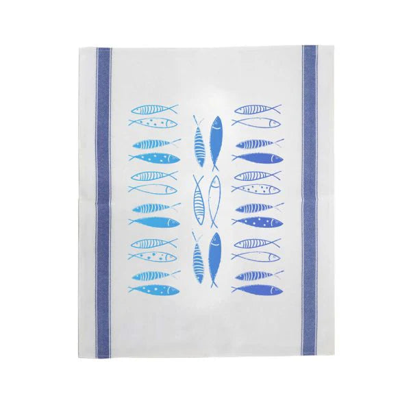 Blue Fish Cotton Hand Screen-Printed Tea Towel 70 x 50cm