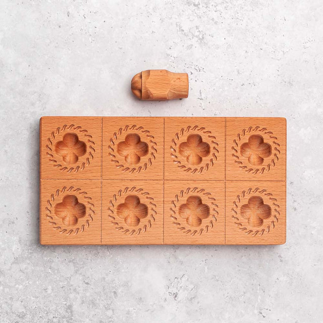 Wooden Ravioli Mould Tray 'Four Leaf Clover' with Tamper, makes 8 pieces