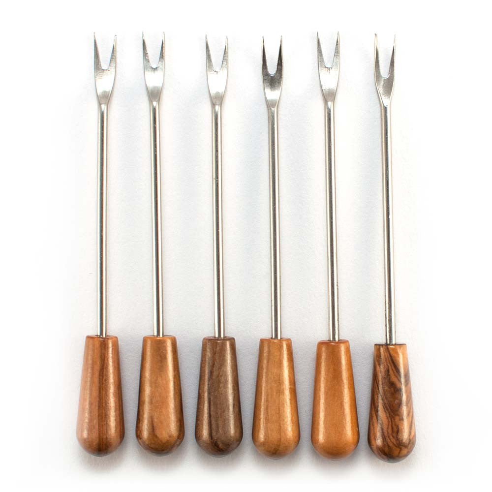 Set of 6 Pronged Olive Fork/ Pick with Olive Wood Handle