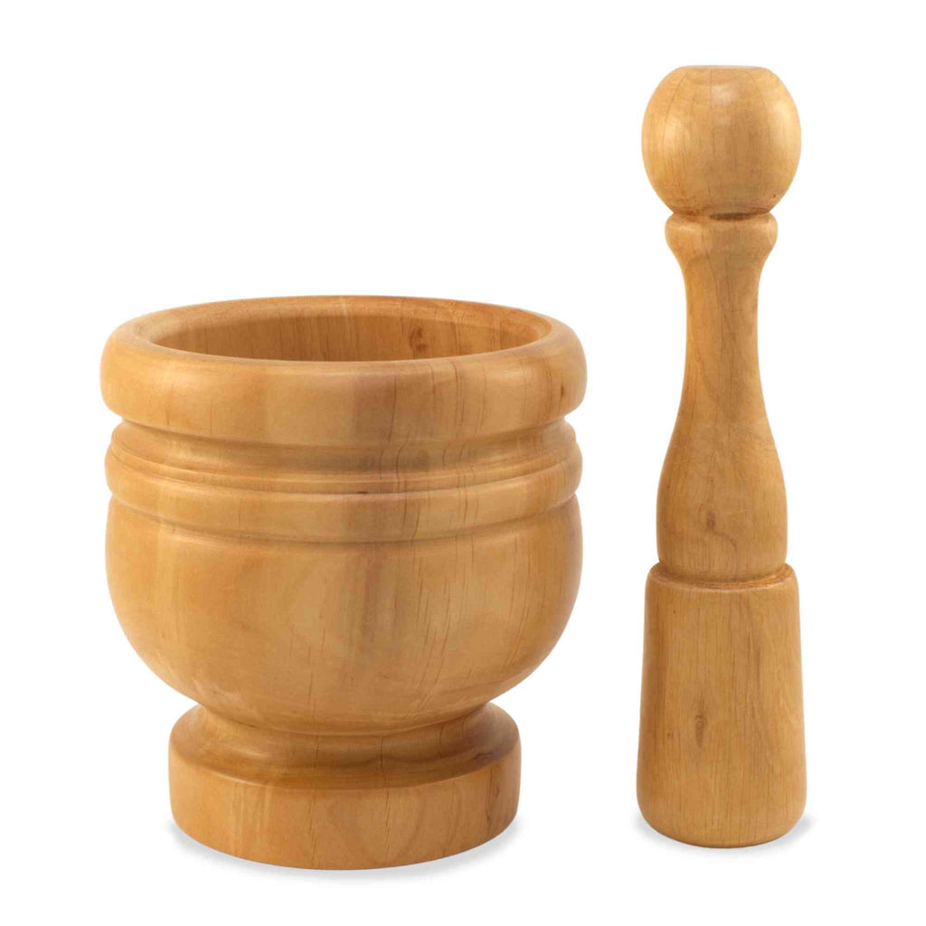 traditional wood pestle and mortar