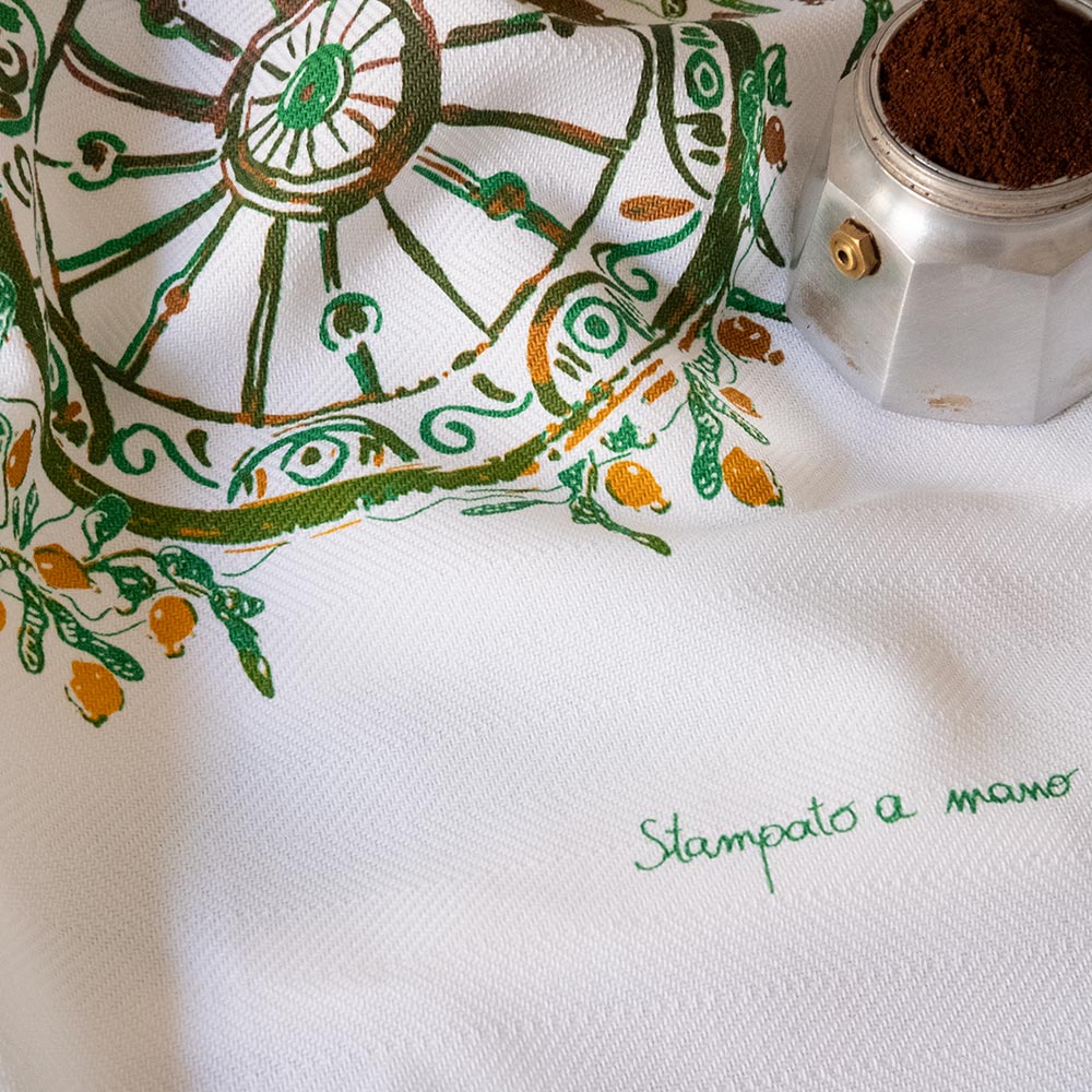 'Sicilian Countryside' Cotton Hand Screen-Printed Tea Towel 70 x 50cm