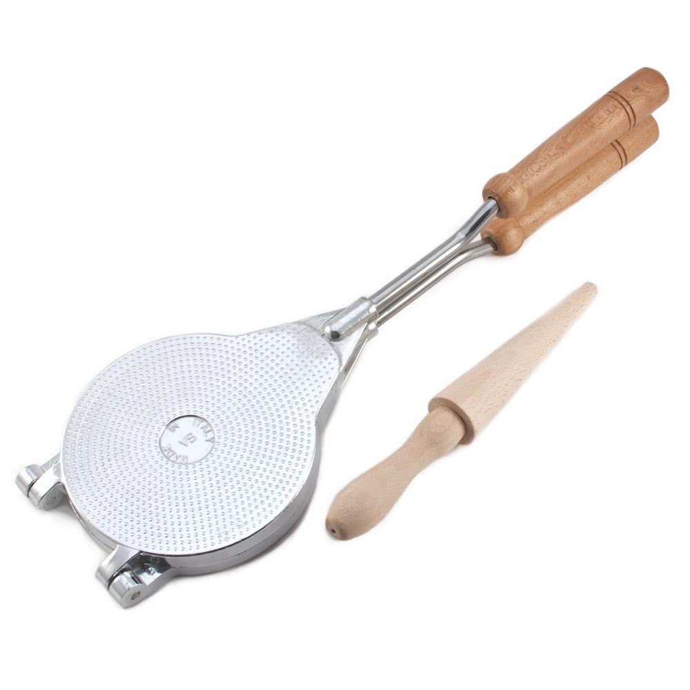Pizzelle Italian Waffle Cookie Stamp Iron with Wooden Cone